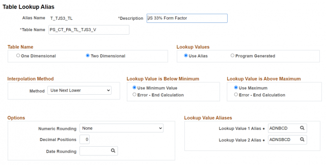 Sample Table Lookup Alias configuration for a Joint and Survivor Actuarial Factor